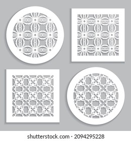 Vorlagen für Laserschneiden, Plotterschneiden, Drucken. Runde und quadratische Zeilenmuster. Geometrisches Design aus Papier. Mandala Islamic sterben Schneide-Ornament. Schablonen, Ausschnitt-Silhouette-Schablonen