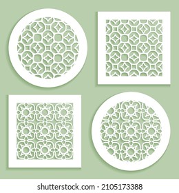 Templates for laser cutting, plotter cutting, printing. Round and square line patterns. Geometric design cut out of paper. Mandala Islamic die cut ornament. Fretwork panels, cutout silhouette stencils