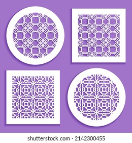 Templates for laser cutting, plotter cutting, printing. Round and square line patterns. Geometric design cut out of paper. Mandala Islamic die cut ornament. Fretwork panels, cutout silhouette stencils