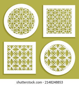 Templates for laser cutting, plotter cutting, printing. Round and square line patterns. Geometric design cut out of paper. Mandala Islamic die cut ornament. Fretwork panels, cutout silhouette stencils