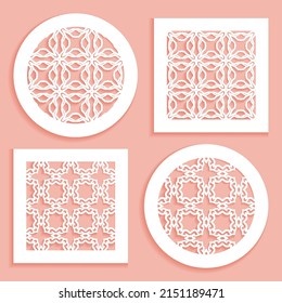 Vorlagen für Laserschneiden, Plotterschneiden, Drucken. Runde und quadratische Zeilenmuster. Geometrisches Design aus Papier. Mandala Islamic sterben Schneide-Ornament. Schablonen, Ausschnitt-Silhouette-Schablonen