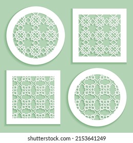 Templates for laser cutting, plotter cutting, printing. Round and square line patterns. Geometric design cut out of paper. Mandala Islamic die cut ornament. Fretwork panels, cutout silhouette stencils