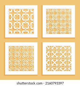 Templates for laser cutting, plotter cutting, printing. Square line patterns set. Geometric design cut out of paper. Mandala Islamic die cut ornament. Fretwork panels, cutout silhouette stencils