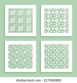 Templates for laser cutting, plotter cutting, printing. Square line patterns set. Geometric design cut out of paper. Mandala Islamic die cut ornament. Fretwork panels, cutout silhouette stencils