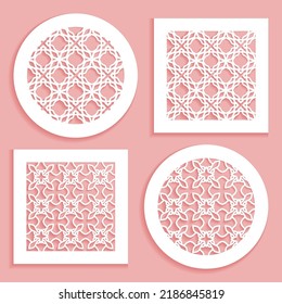 Templates for laser cutting, plotter cutting, printing. Round and square line patterns. Geometric design cut out of paper. Mandala Islamic die cut ornament. Fretwork panels, cutout silhouette stencils