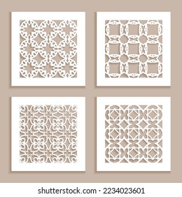 Templates for laser cutting, plotter cutting, printing. Square line patterns set. Geometric design cut out of paper. Mandala Islamic die cut ornament. Fretwork panels, cutout silhouette stencils