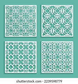 Templates for laser cutting, plotter cutting, printing. Square line patterns set. Geometric design cut out of paper. Mandala Islamic die cut ornament. Fretwork panels, cutout silhouette stencils