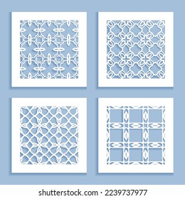 Templates for laser cutting, plotter cutting, printing. Square line patterns set. Geometric design cut out of paper. Mandala Islamic die cut ornament. Fretwork panels, cutout silhouette stencils
