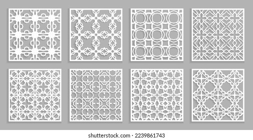 Templates for laser cutting, plotter cutting, printing. Square line patterns set. Geometric design cut out of paper. Mandala Islamic die cut ornament. Fretwork panels, cutout silhouette stencils