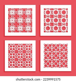 Templates for laser cutting, plotter cutting, printing. Square line patterns set. Geometric design cut out of paper. Mandala Islamic die cut ornament. Fretwork panels, cutout silhouette stencils