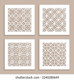 Templates for laser cutting, plotter cutting, printing. Square line patterns set. Geometric design cut out of paper. Mandala Islamic die cut ornament. Fretwork panels, cutout silhouette stencils