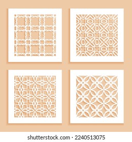 Templates for laser cutting, plotter cutting, printing. Square line patterns set. Geometric design cut out of paper. Mandala Islamic die cut ornament. Fretwork panels, cutout silhouette stencils