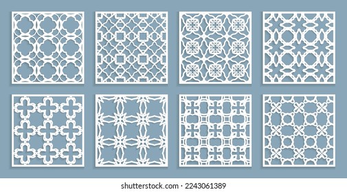 Templates for laser cutting, plotter cutting, printing. Square line patterns set. Geometric design cut out of paper. Mandala Islamic die cut ornament. Fretwork panels, cutout silhouette stencils