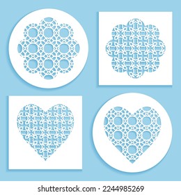 Templates for laser cutting, plotter cutting, printing. Heart and flower shape line pattern. Geometric design cut out of paper. Mandala die cut ornament. Fretwork panels, cutout silhouette stencils