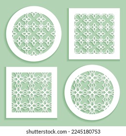 Templates for laser cutting, plotter cutting, printing. Round and square line patterns. Geometric design cut out of paper. Mandala Islamic die cut ornament. Fretwork panels, cutout silhouette stencils