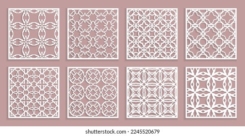 Templates for laser cutting, plotter cutting, printing. Square line patterns set. Geometric design cut out of paper. Mandala Islamic die cut ornament. Fretwork panels, cutout silhouette stencils