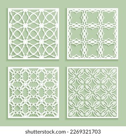 Templates for laser cutting, plotter cutting, printing. Square line patterns set. Geometric design cut out of paper. Mandala Islamic die cut ornament. Fretwork panels, cutout silhouette stencils
