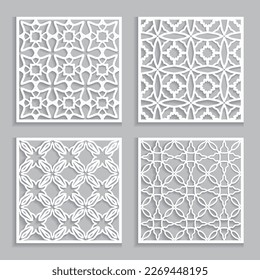 Templates for laser cutting, plotter cutting, printing. Square line patterns set. Geometric design cut out of paper. Mandala Islamic die cut ornament. Fretwork panels, cutout silhouette stencils