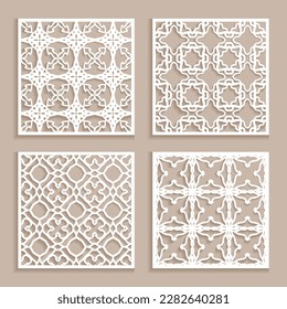 Vorlagen für Laserschneiden, Plotterschneiden, Drucken. Quadratzreihenmuster gesetzt. Geometrisches Design aus Papier. Mandala Islamic sterben Schneide-Ornament. Schablonen, Ausschnitt-Silhouette-Schablonen