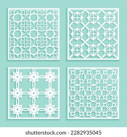 Templates for laser cutting, plotter cutting, printing. Square line patterns set. Geometric design cut out of paper. Mandala Islamic die cut ornament. Fretwork panels, cutout silhouette stencils