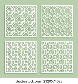 Vorlagen für Laserschneiden, Plotterschneiden, Drucken. Quadratzreihenmuster gesetzt. Geometrisches Design aus Papier. Mandala Islamic sterben Schneide-Ornament. Schablonen, Ausschnitt-Silhouette-Schablonen