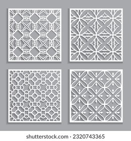 Vorlagen für Laserschneiden, Plotterschneiden, Drucken. Quadratzreihenmuster gesetzt. Geometrisches Design aus Papier. Mandala Islamic sterben Schneide-Ornament. Schablonen, Ausschnitt-Silhouette-Schablonen