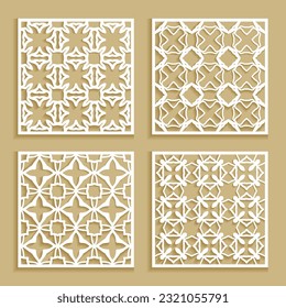 Templates for laser cutting, plotter cutting, printing. Square line patterns set. Geometric design cut out of paper. Mandala Islamic die cut ornament. Fretwork panels, cutout silhouette stencils