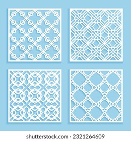Templates for laser cutting, plotter cutting, printing. Square line patterns set. Geometric design cut out of paper. Mandala Islamic die cut ornament. Fretwork panels, cutout silhouette stencils