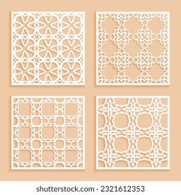 Templates for laser cutting, plotter cutting, printing. Square line patterns set. Geometric design cut out of paper. Mandala Islamic die cut ornament. Fretwork panels, cutout silhouette stencils