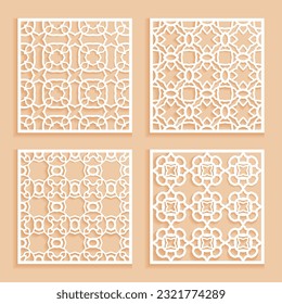 Plantillas para corte láser, corte de trazadores, impresión. Se han establecido patrones de línea cuadrada. Diseño geométrico cortado de papel. Ornamento de corte islámico de Mandala. Paneles de Fretwork, esténciles de siluetas de corte