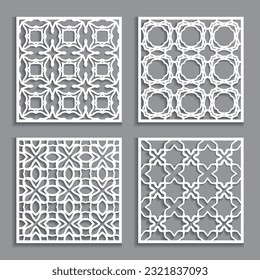 Templates for laser cutting, plotter cutting, printing. Square line patterns set. Geometric design cut out of paper. Mandala Islamic die cut ornament. Fretwork panels, cutout silhouette stencils
