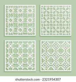 Templates for laser cutting, plotter cutting, printing. Square line patterns set. Geometric design cut out of paper. Mandala Islamic die cut ornament. Fretwork panels, cutout silhouette stencils