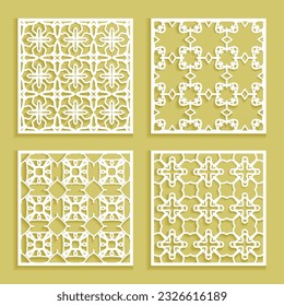 Templates for laser cutting, plotter cutting, printing. Square line patterns set. Geometric design cut out of paper. Mandala Islamic die cut ornament. Fretwork panels, cutout silhouette stencils