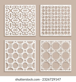 Templates for laser cutting, plotter cutting, printing. Square line patterns set. Geometric design cut out of paper. Mandala Islamic die cut ornament. Fretwork panels, cutout silhouette stencils