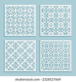 Templates for laser cutting, plotter cutting, printing. Square line patterns set. Geometric design cut out of paper. Mandala Islamic die cut ornament. Fretwork panels, cutout silhouette stencils
