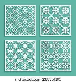 Templates for laser cutting, plotter cutting, printing. Square line patterns set. Geometric design cut out of paper. Mandala Islamic die cut ornament. Fretwork panels, cutout silhouette stencils