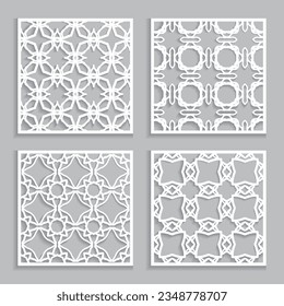 Templates for laser cutting, plotter cutting, printing. Square line patterns set. Geometric design cut out of paper. Mandala Islamic die cut ornament. Fretwork panels, cutout silhouette stencils