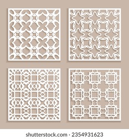 Templates for laser cutting, plotter cutting, printing. Square line patterns set. Geometric design cut out of paper. Mandala Islamic die cut ornament. Fretwork panels, cutout silhouette stencils