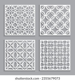 Templates for laser cutting, plotter cutting, printing. Square line patterns set. Geometric design cut out of paper. Mandala Islamic die cut ornament. Fretwork panels, cutout silhouette stencils