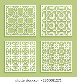 Plantillas para corte láser, corte de trazadores, impresión. Se han establecido patrones de línea cuadrada. Diseño geométrico cortado de papel. Ornamento de corte islámico de Mandala. Paneles de Fretwork, esténciles de siluetas de corte