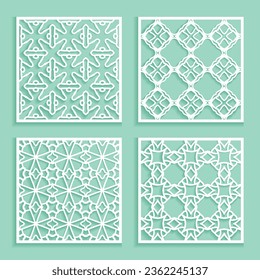 Templates for laser cutting, plotter cutting, printing. Square line patterns set. Geometric design cut out of paper. Mandala Islamic die cut ornament. Fretwork panels, cutout silhouette stencils