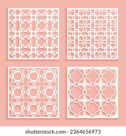 Templates for laser cutting, plotter cutting, printing. Square line patterns set. Geometric design cut out of paper. Mandala Islamic die cut ornament. Fretwork panels, cutout silhouette stencils