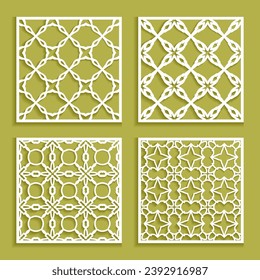 Templates for laser cutting, plotter cutting, printing. Square line patterns set. Geometric design cut out of paper. Mandala Islamic die cut ornament. Fretwork panels, cutout silhouette stencils