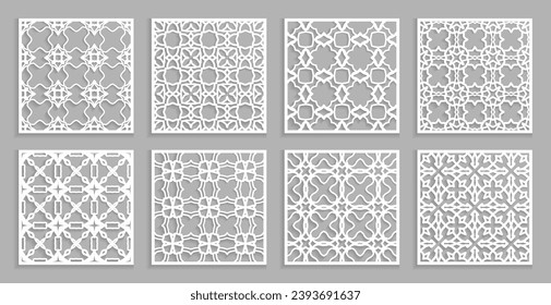 Templates for laser cutting, plotter cutting, printing. Square line patterns set. Geometric design cut out of paper. Mandala Islamic die cut ornament. Fretwork panels, cutout silhouette stencils