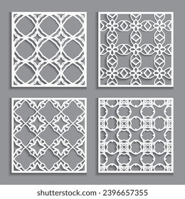 Templates for laser cutting, plotter cutting, printing. Square line patterns set. Geometric design cut out of paper. Mandala Islamic die cut ornament. Fretwork panels, cutout silhouette stencils
