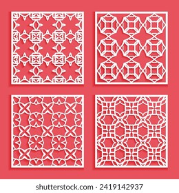 Templates for laser cutting, plotter cutting, printing. Square line patterns set. Geometric design cut out of paper. Mandala Islamic die cut ornament. Fretwork panels, cutout silhouette stencils