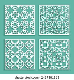 Templates for laser cutting, plotter cutting, printing. Square line patterns set. Geometric design cut out of paper. Mandala Islamic die cut ornament. Fretwork panels, cutout silhouette stencils