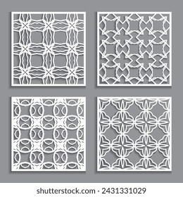 Templates for laser cutting, plotter cutting, printing. Square line patterns set. Geometric design cut out of paper. Mandala Islamic die cut ornament. Fretwork panels, cutout silhouette stencils