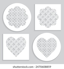 Templates for laser cutting, plotter cutting, printing. Heart and flower shape line pattern. Geometric design cut out of paper. Mandala die cut ornament. Fretwork panels, cutout silhouette stencils