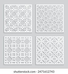 Templates for laser cutting, plotter cutting, printing. Square line patterns set. Geometric design cut out of paper. Mandala Islamic die cut ornament. Fretwork panels, cutout silhouette stencils